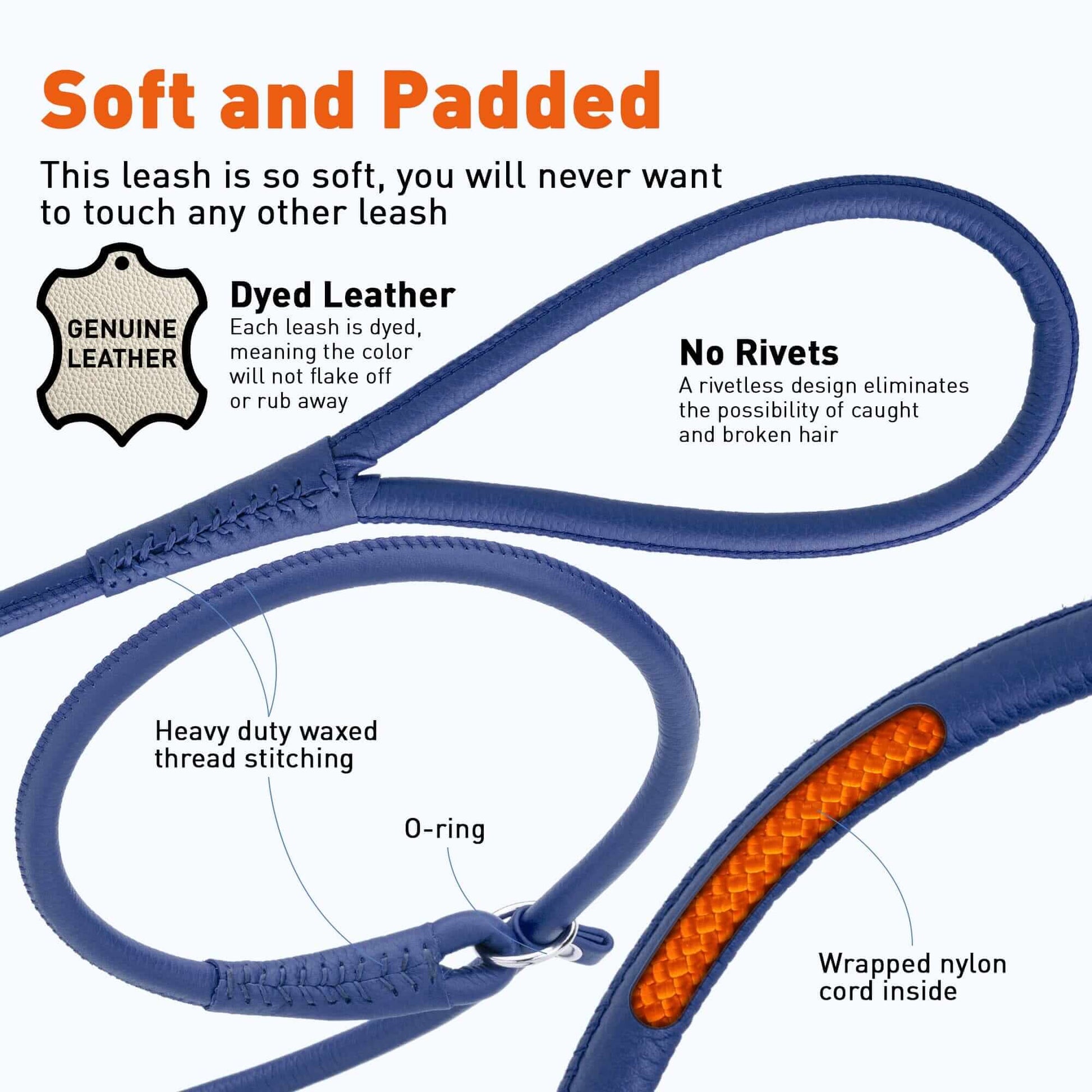 Soft leather round slip lead for dogs, all-in-one leash and collar for easy handling and quick control during walks or training