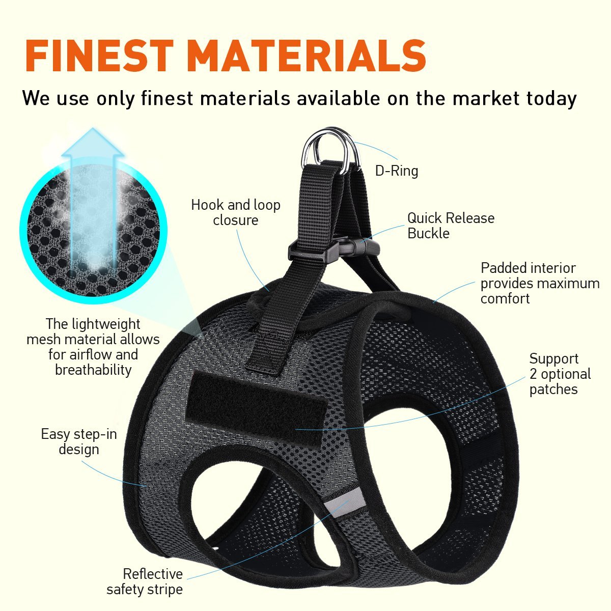 York mesh dog harness with built-in hook and loop fasteners for easy adjustment and secure, breathable fit size chart