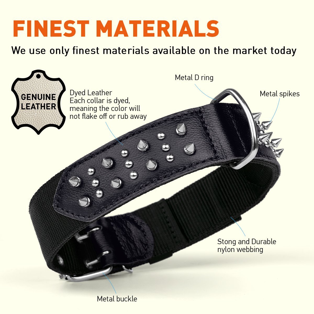 Leather and nylon spike dog collar – durable, stylish protection collar with metal spikes for medium and large breeds