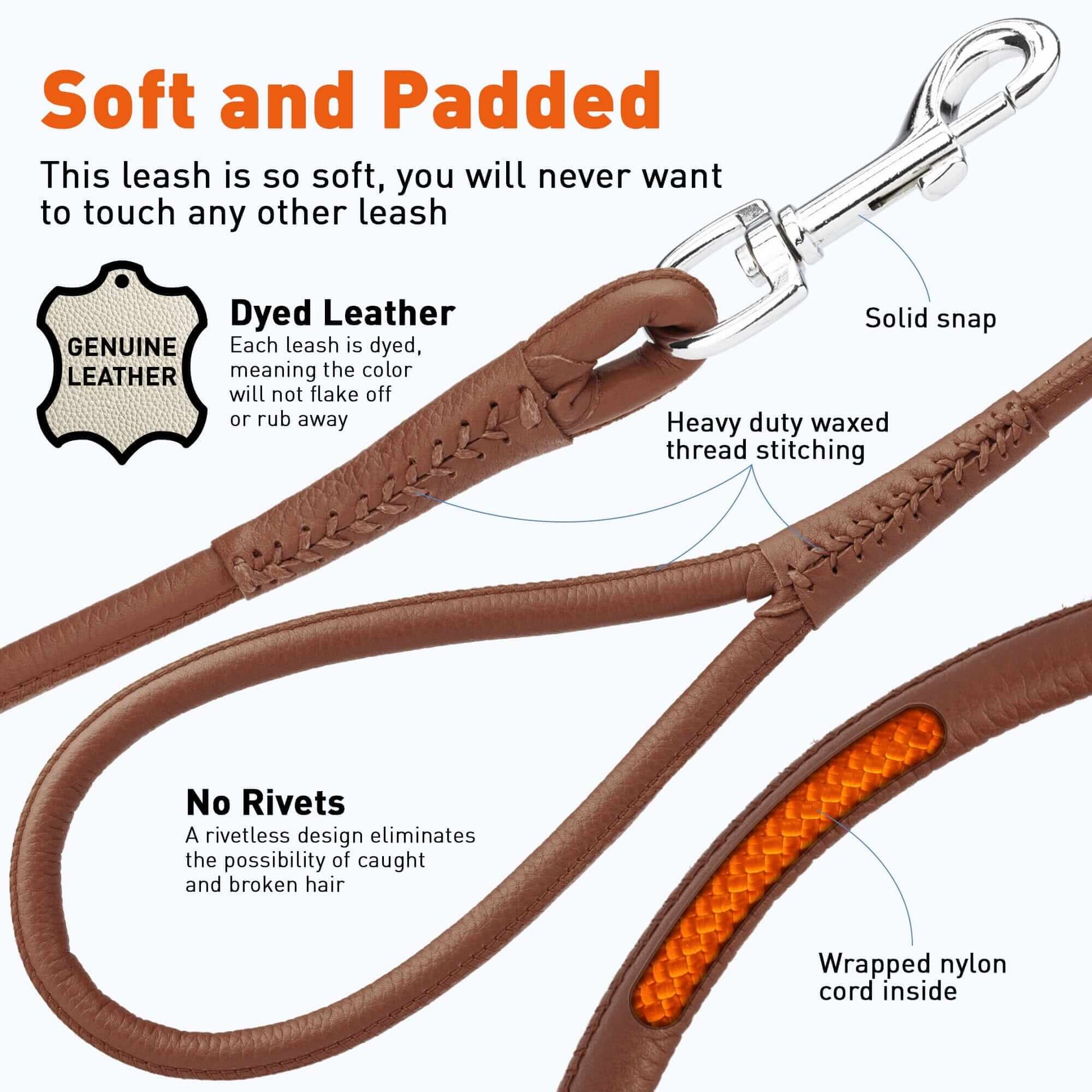Soft leather round dog lead with comfortable grip and durable construction for everyday walking