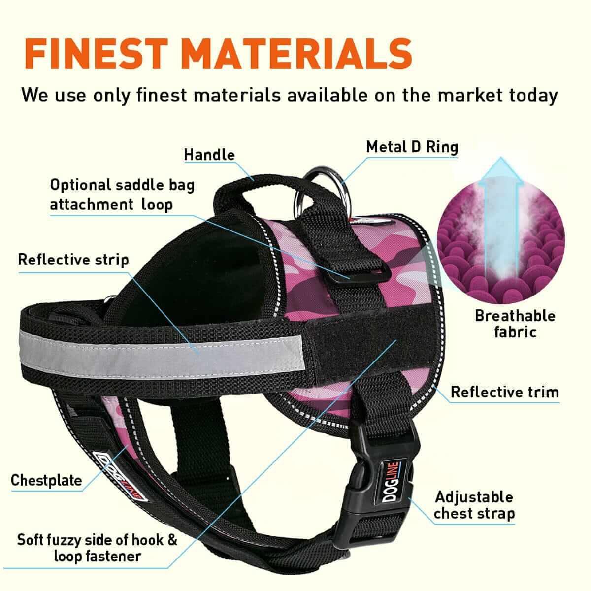 Dog harness displayed in a variety of colors including red, blue, and black