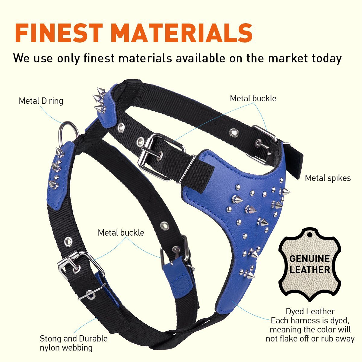 Leather and nylon spike dog harness – sturdy, stylish harness with metal spikes for control and protection during walks