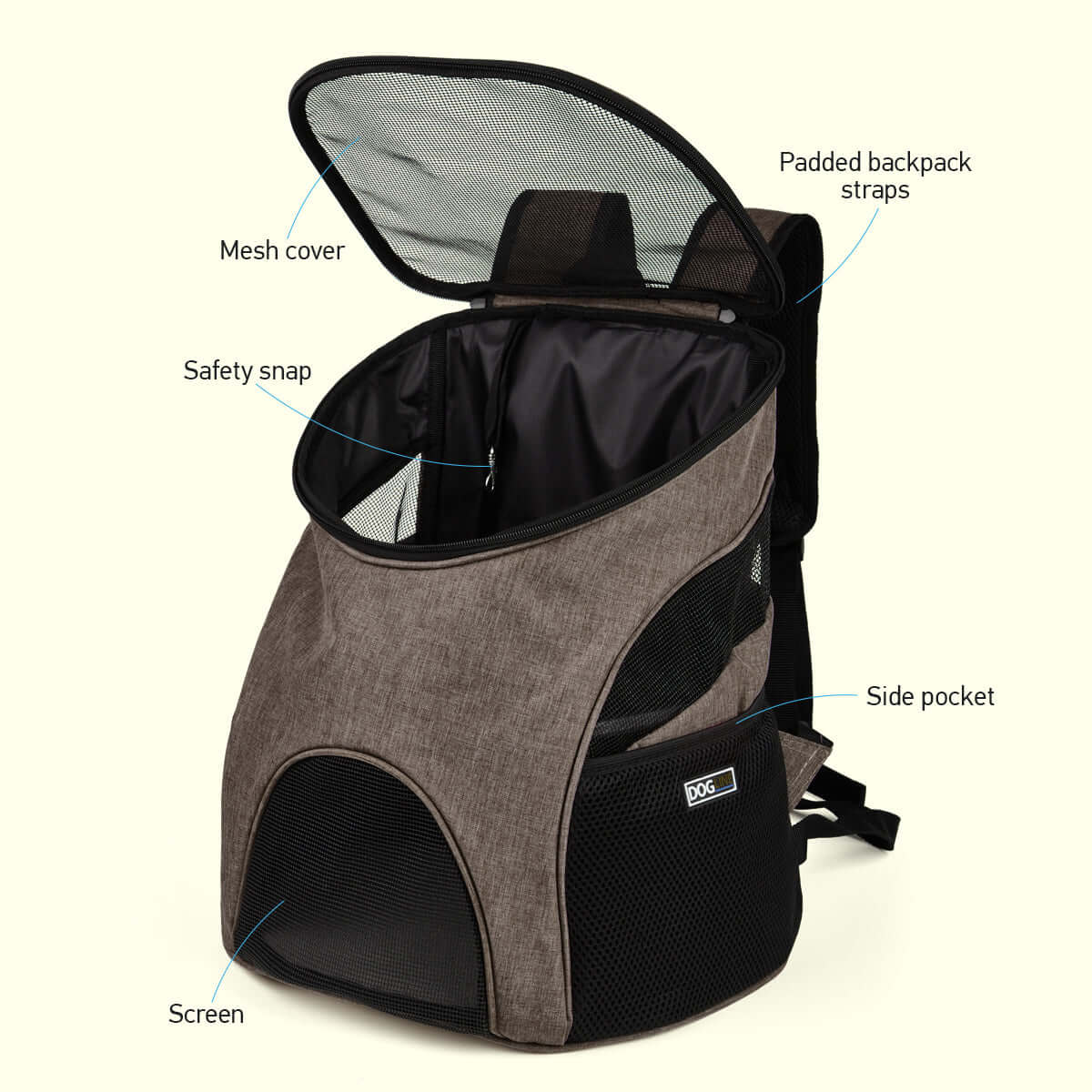 Pet carrier backpack with small dog inside, head sticking out for comfortable and hands-free travel