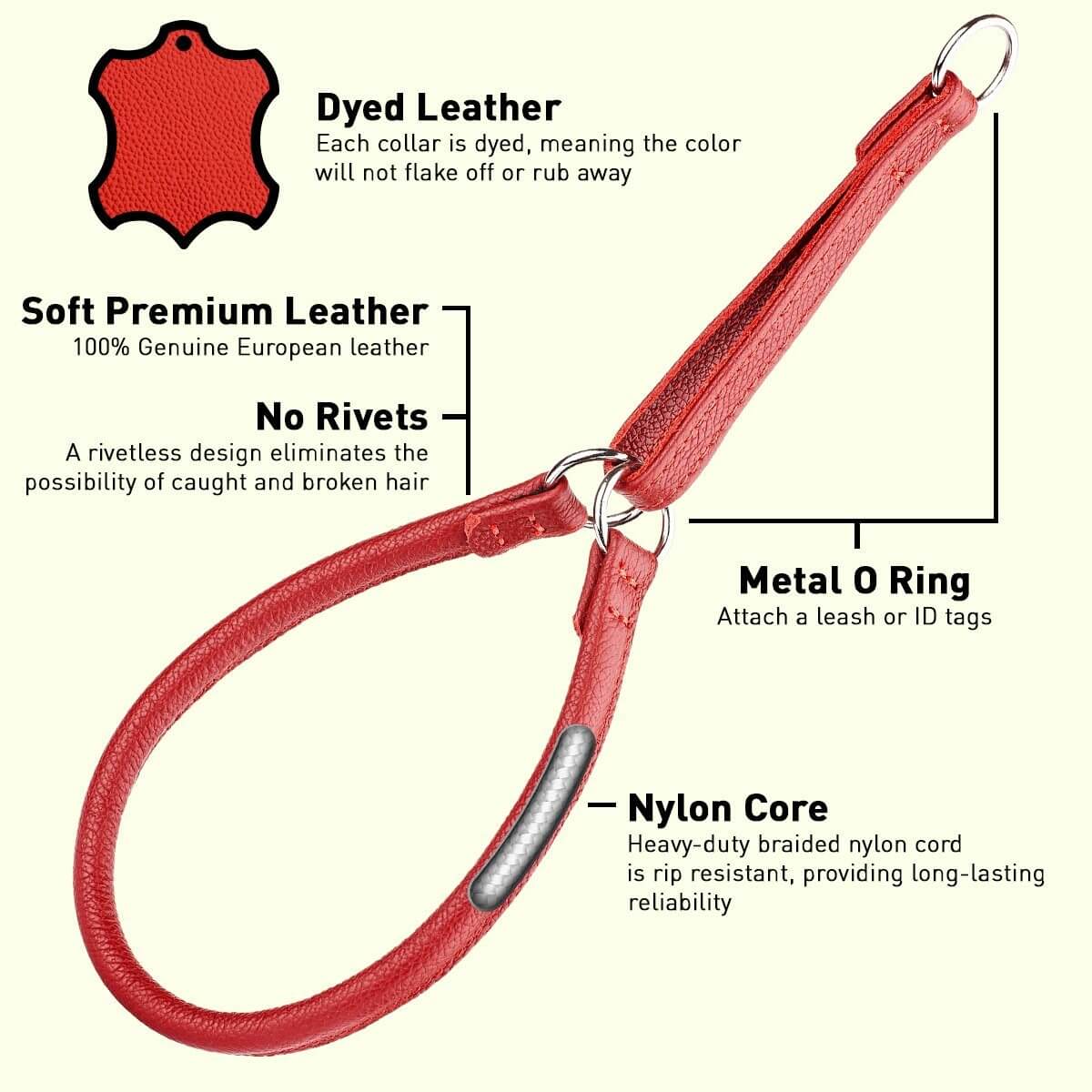 Soft leather round martingale collar for dogs, no-pull training collar with adjustable fit and gentle control