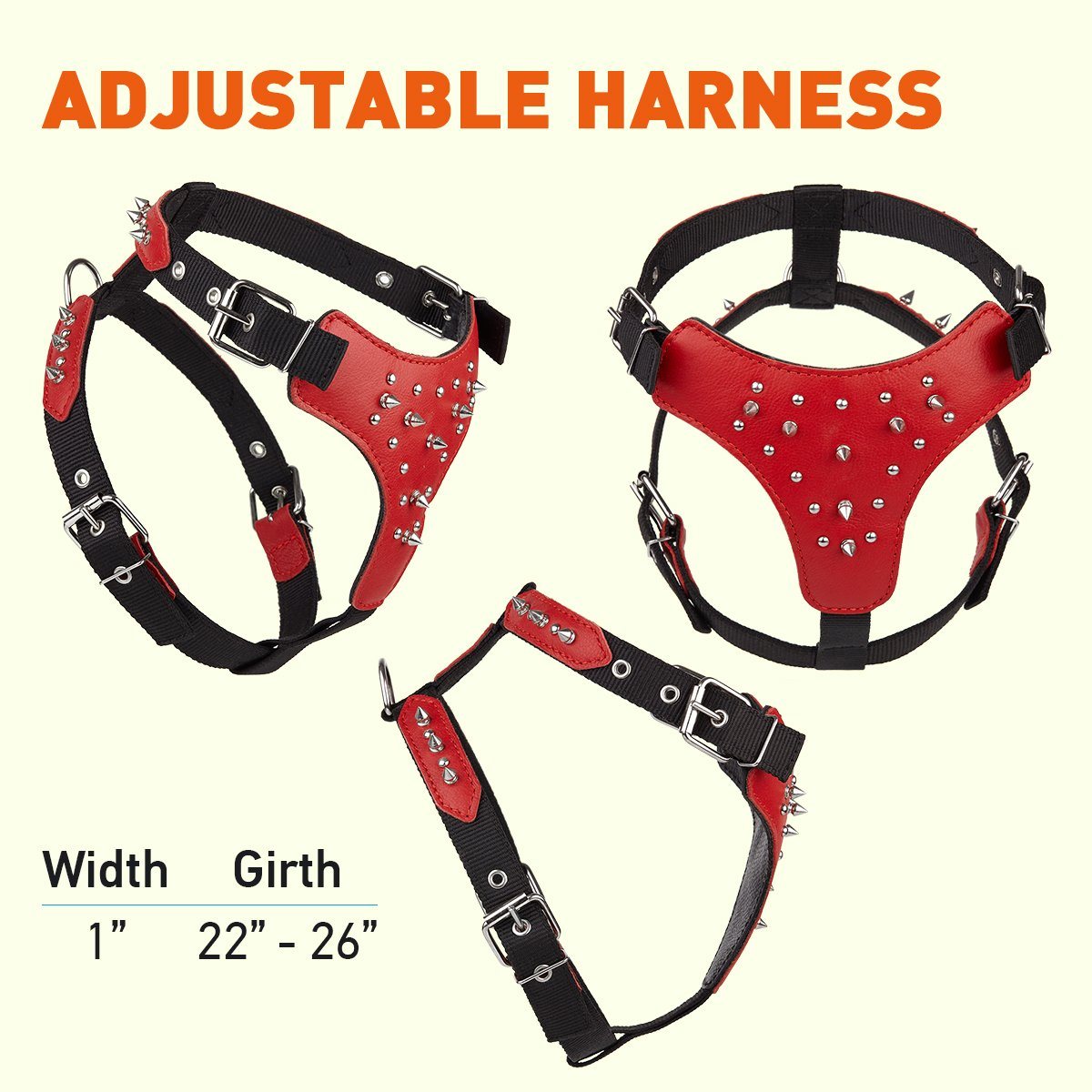 Leather and nylon spike dog harness – sturdy, stylish harness with metal spikes for control and protection during walks