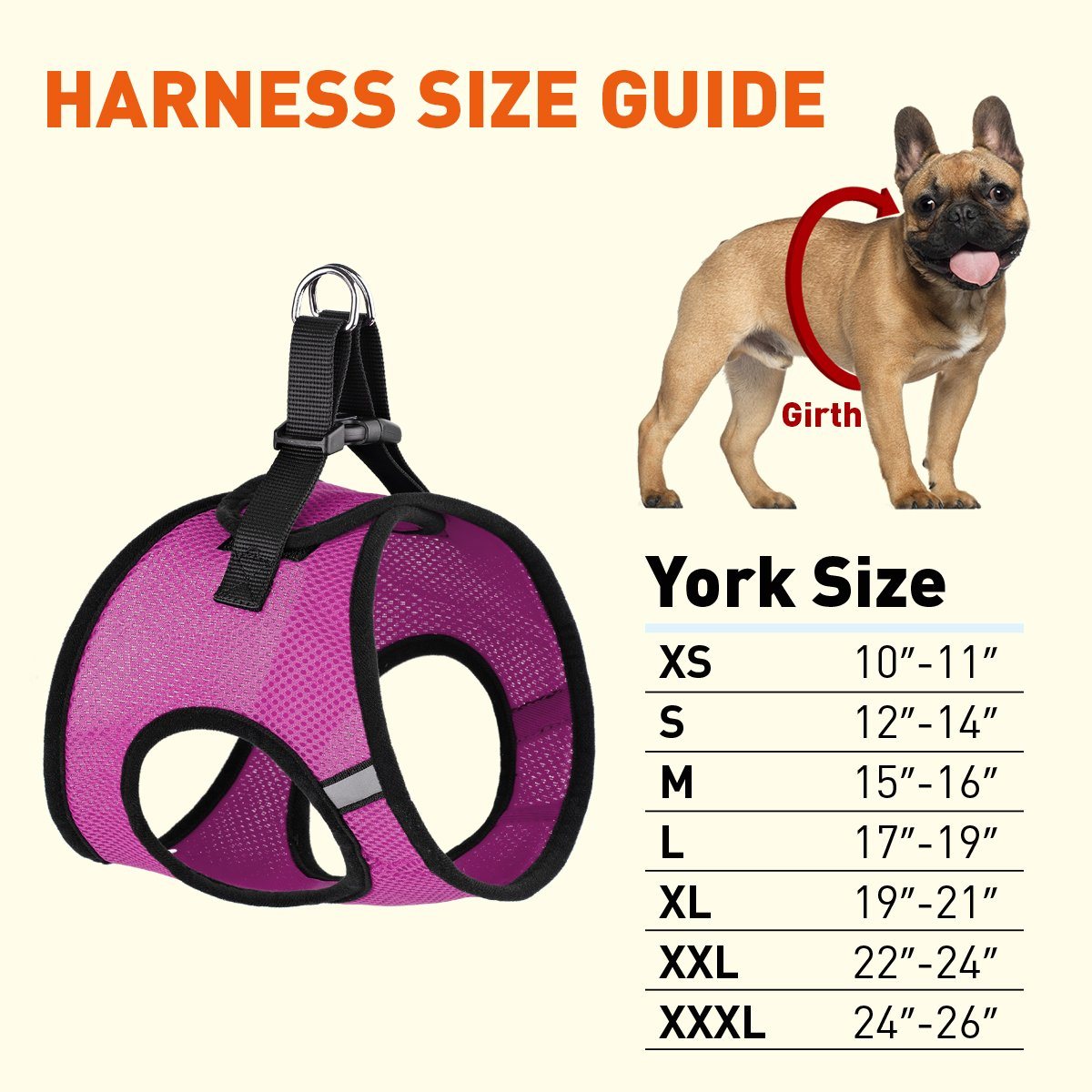 York mesh dog harness with breathable padding and adjustable fit for small to medium breeds size chart