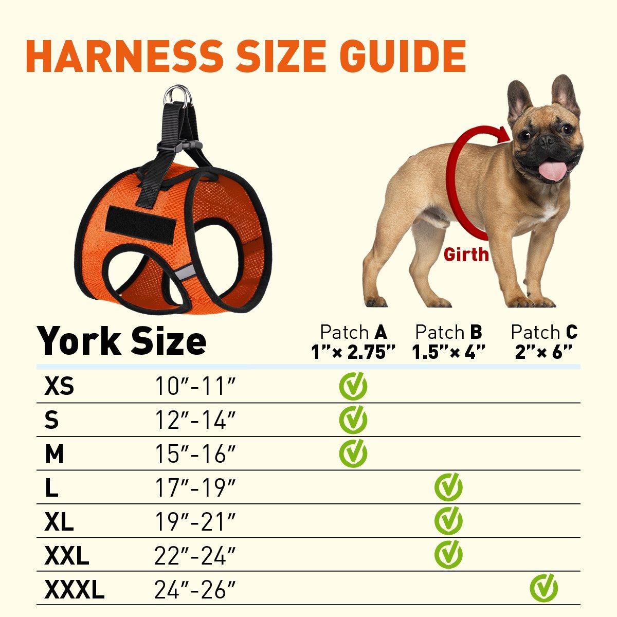 York mesh dog harness with built-in hook and loop fasteners for easy adjustment and secure, breathable fit size chart