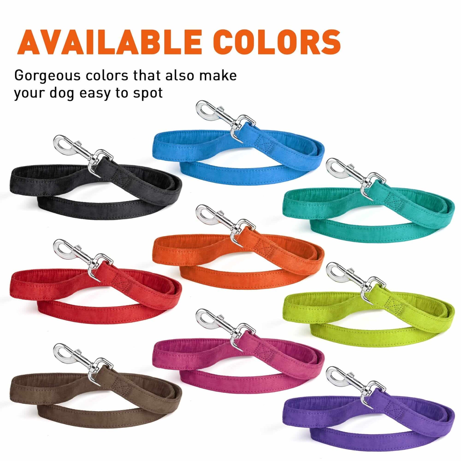 Fabric leash for dogs with metal snap hook, 9 color options