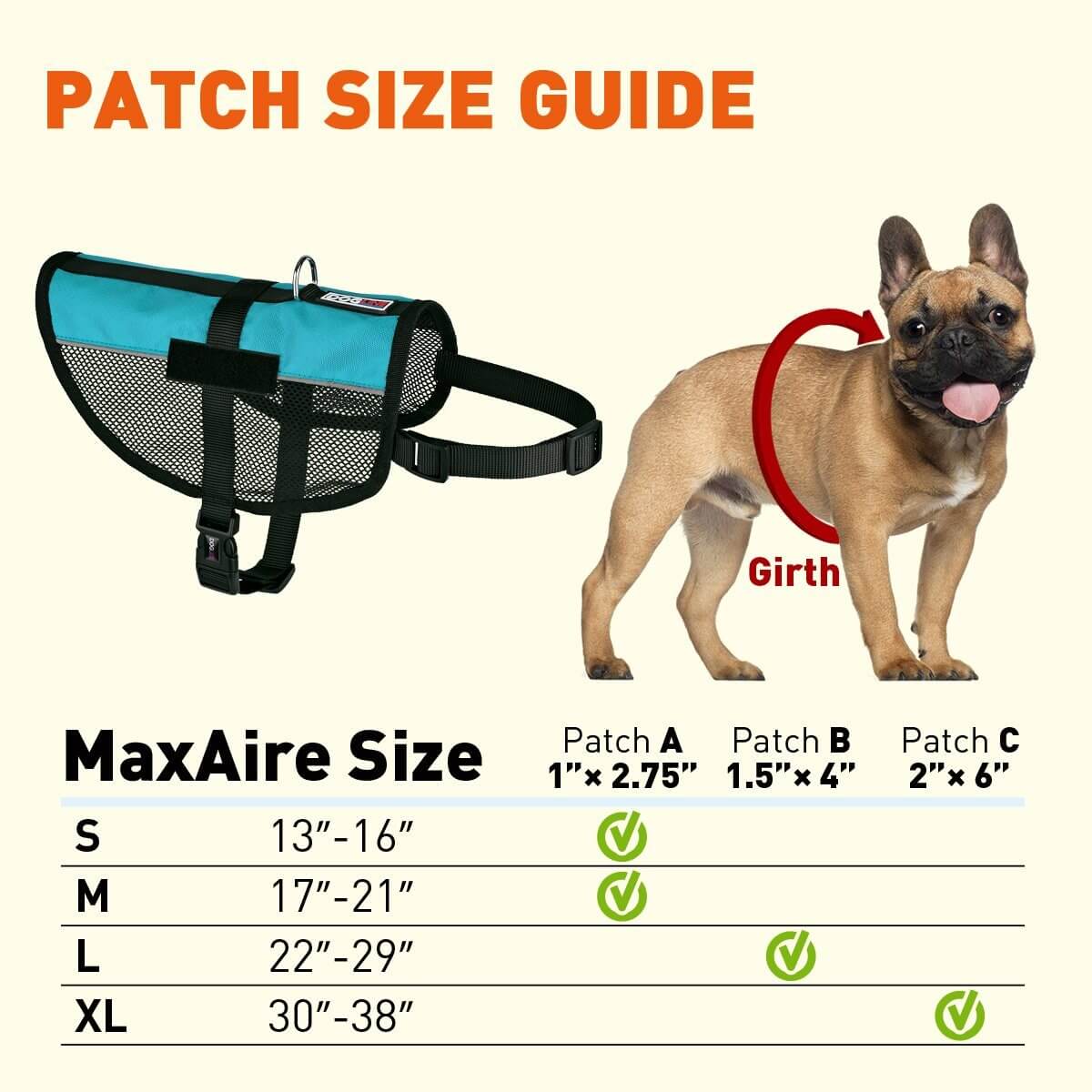 A picture of a blue mesh dog vest with a German shepherd showing the different sizes you can buy