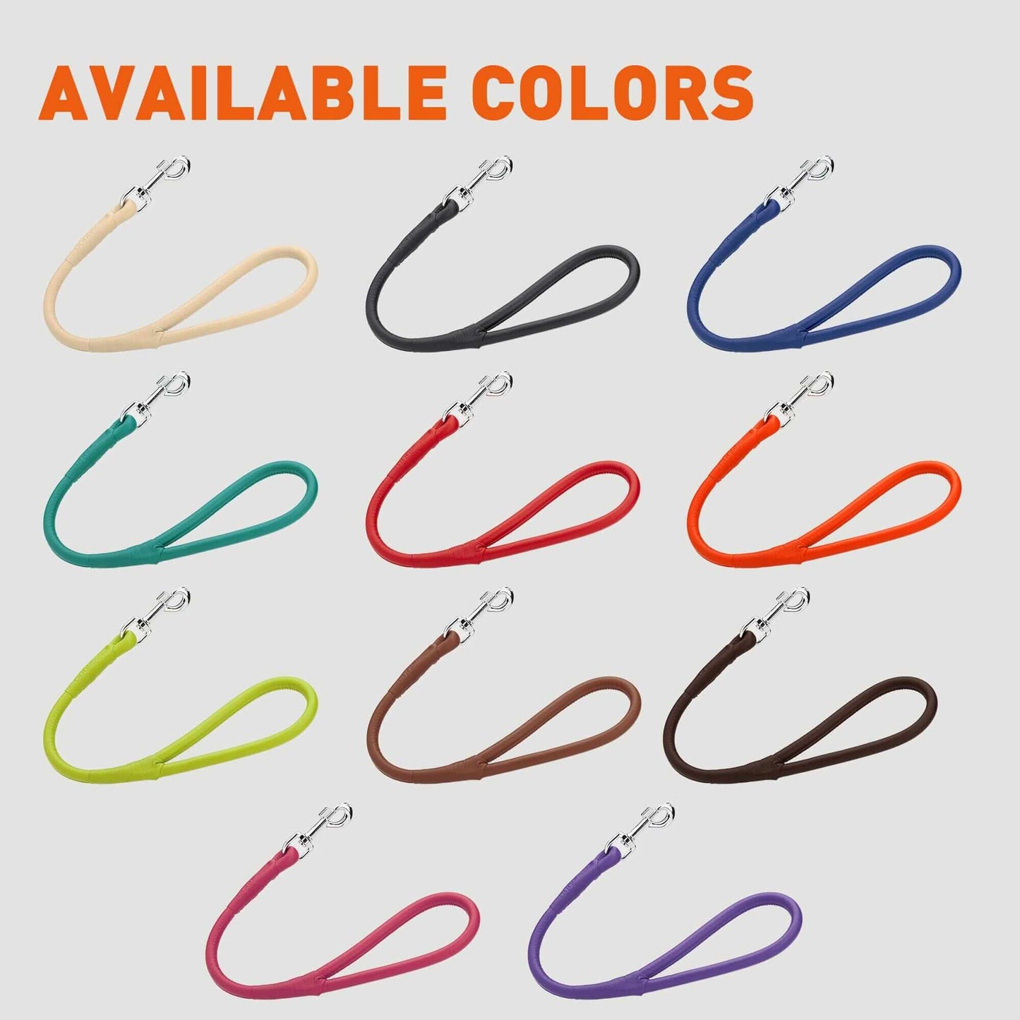 Soft leather round traffic lead for dogs, short control leash ideal for training and urban walking