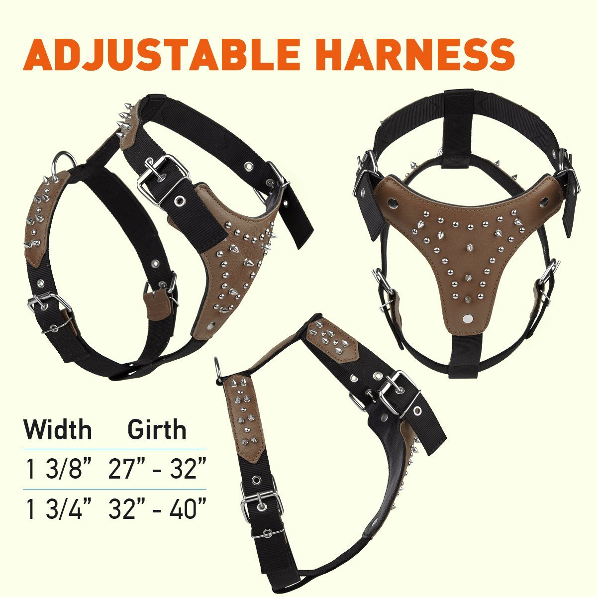 Leather and nylon spike dog harness – sturdy, stylish harness with metal spikes for control and protection during walks