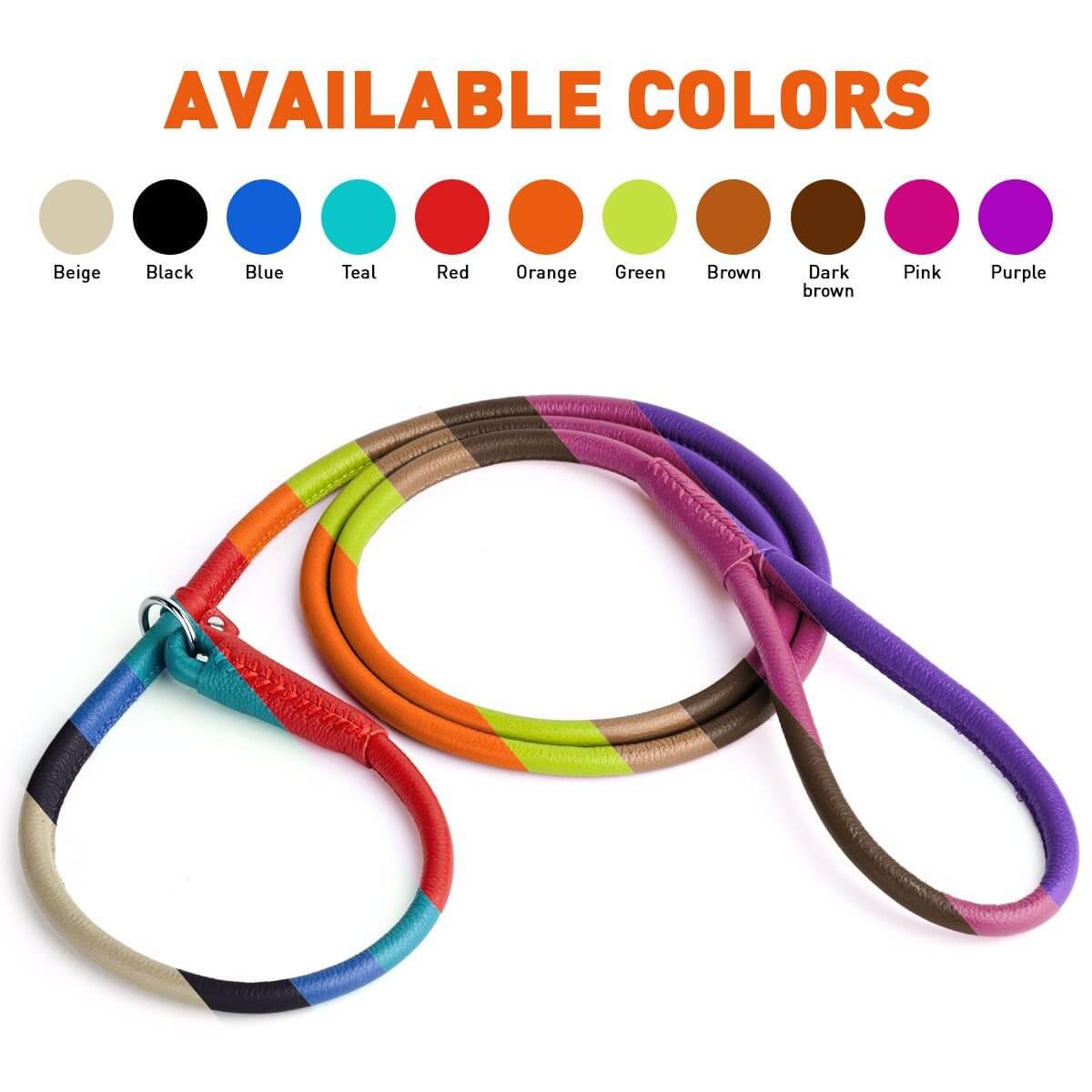 Soft leather round slip lead for dogs, all-in-one leash and collar for easy handling and quick control during walks or training