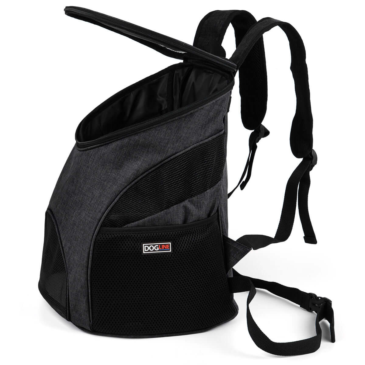 Pet carrier backpack with small dog inside, head sticking out for comfortable and hands-free travel