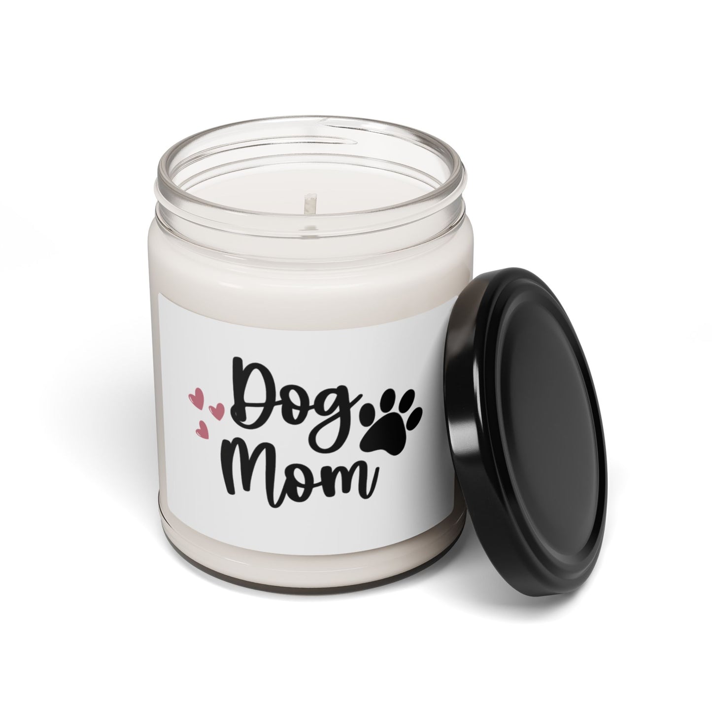 Candle jar with 'Dog Mom' text and paw print on a white background