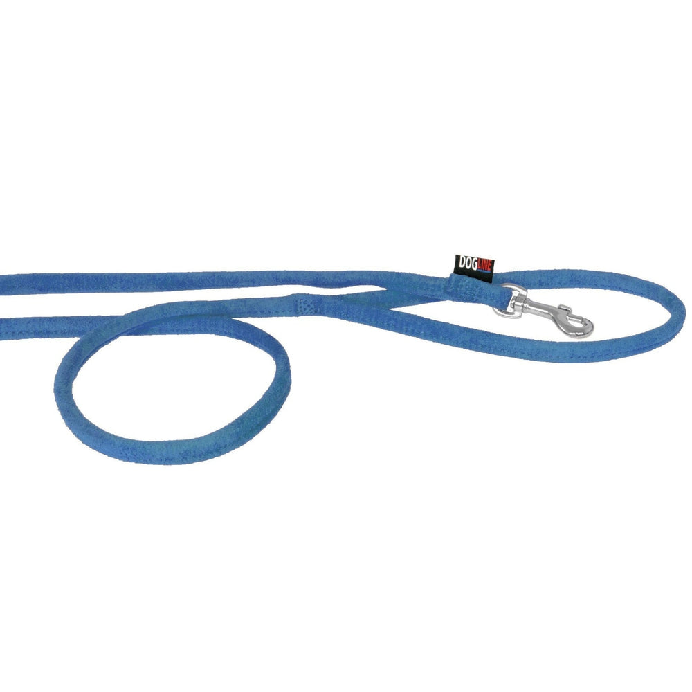 Blue dog leash with metal snap hook, round design, made from microfiber