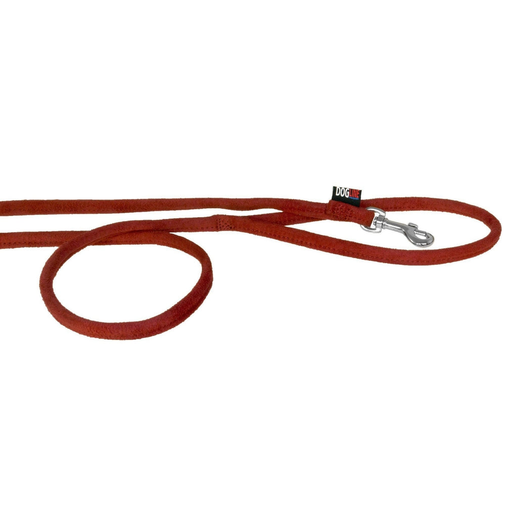 Red dog leash with metal snap hook, round design, made from microfiber