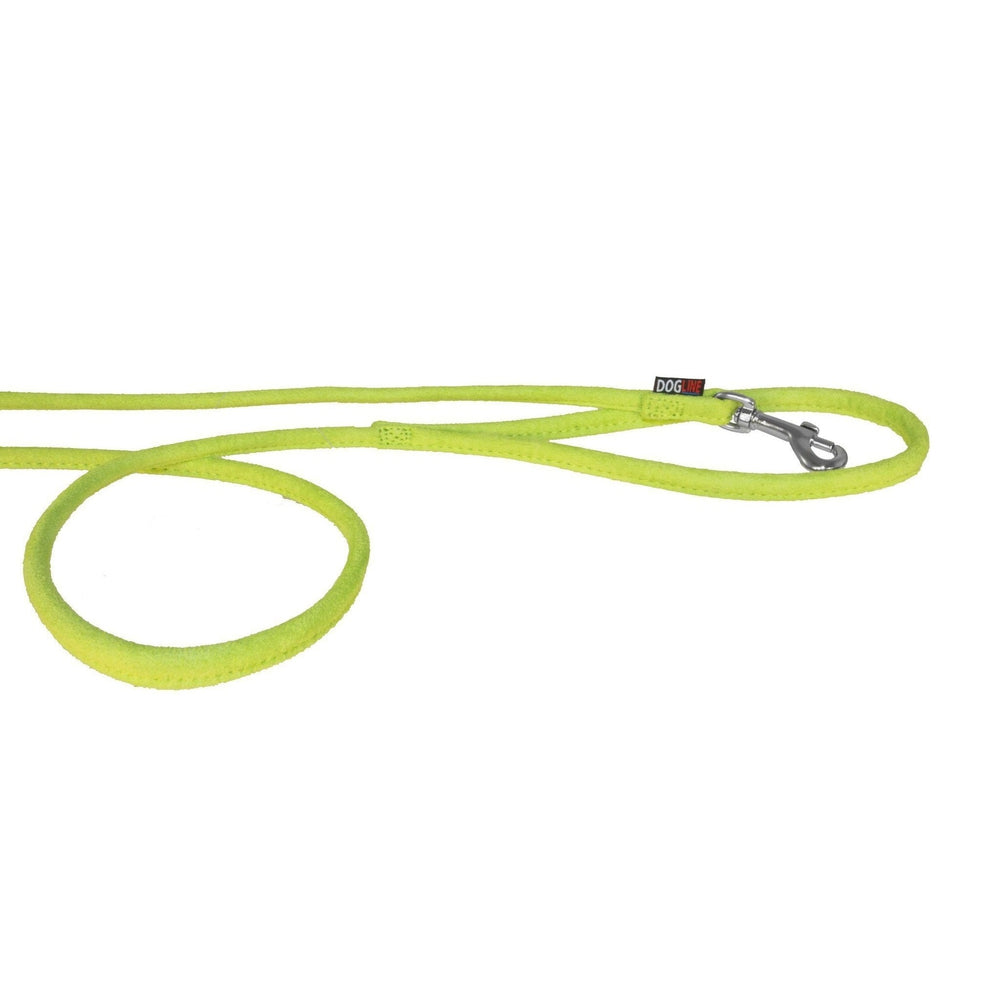 Lime green dog leash with metal snap hook, round design, made from microfiber