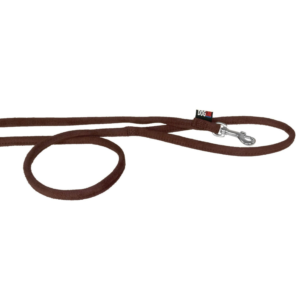 Brown dog leash with metal snap hook, round design, made from microfiber