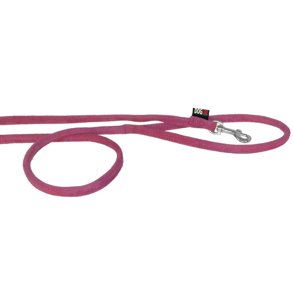 Pink dog leash with metal snap hook, round design, made from microfiber