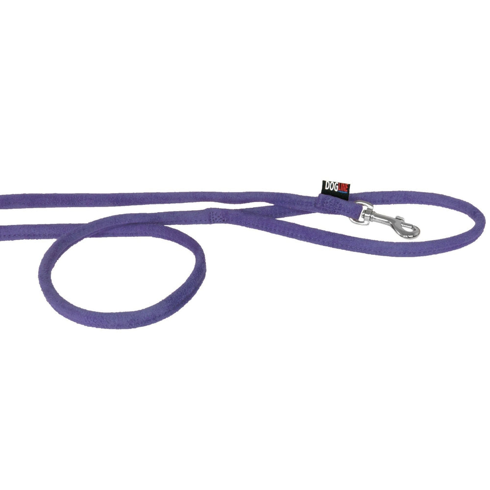 Purple dog leash with metal snap hook, round design, made from microfiber