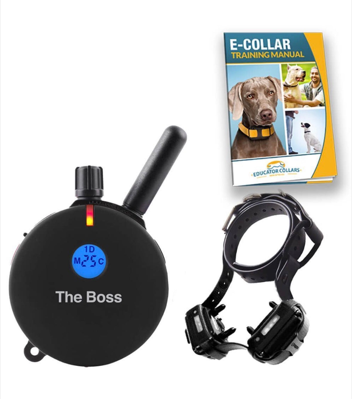 E- Collar Dog training device with collar and remote boss plus model also showing that it comes with a dog training manual.