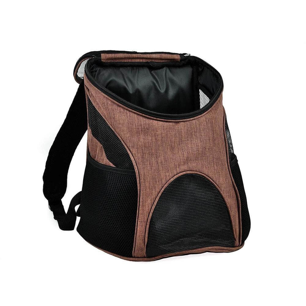 Pet carrier backpack with small dog inside, head sticking out for comfortable and hands-free travel