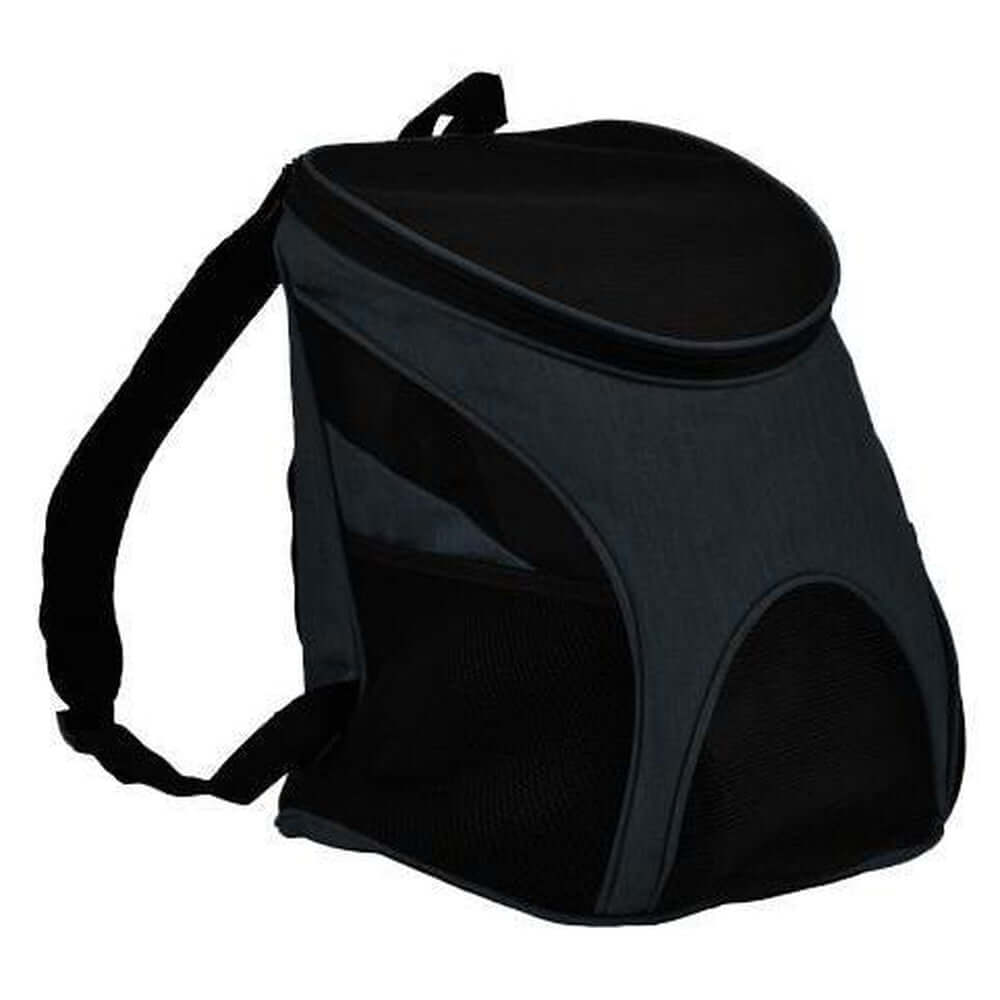 Pet carrier backpack with small dog inside, head sticking out for comfortable and hands-free travel