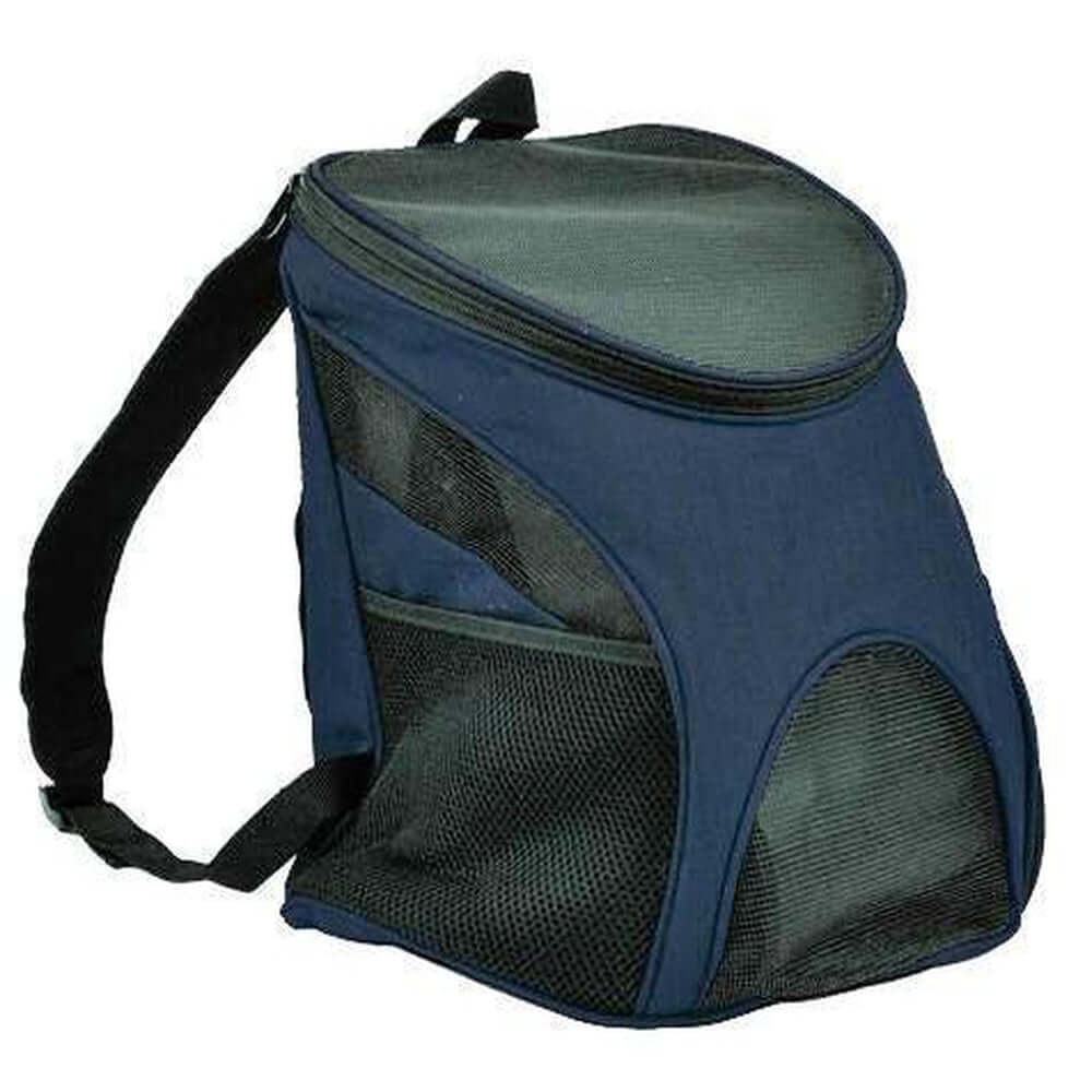 Pet carrier backpack with small dog inside, head sticking out for comfortable and hands-free travel
