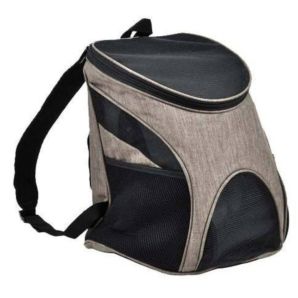 Pet carrier backpack with small dog inside, head sticking out for comfortable and hands-free travel