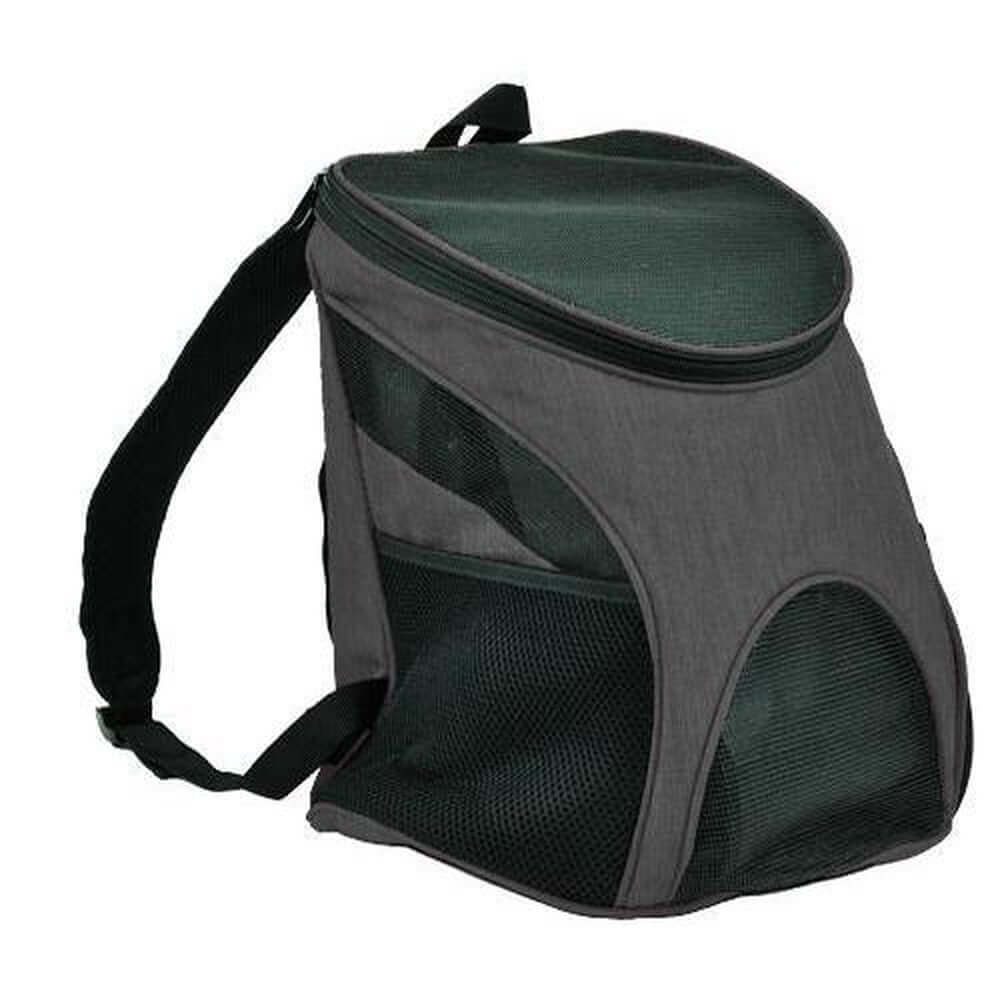 Pet carrier backpack with small dog inside, head sticking out for comfortable and hands-free travel