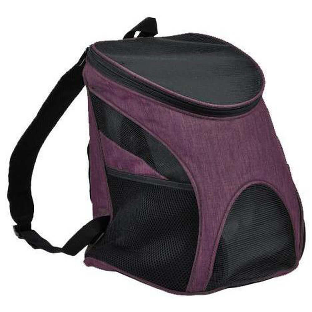 Pet carrier backpack with small dog inside, head sticking out for comfortable and hands-free travel