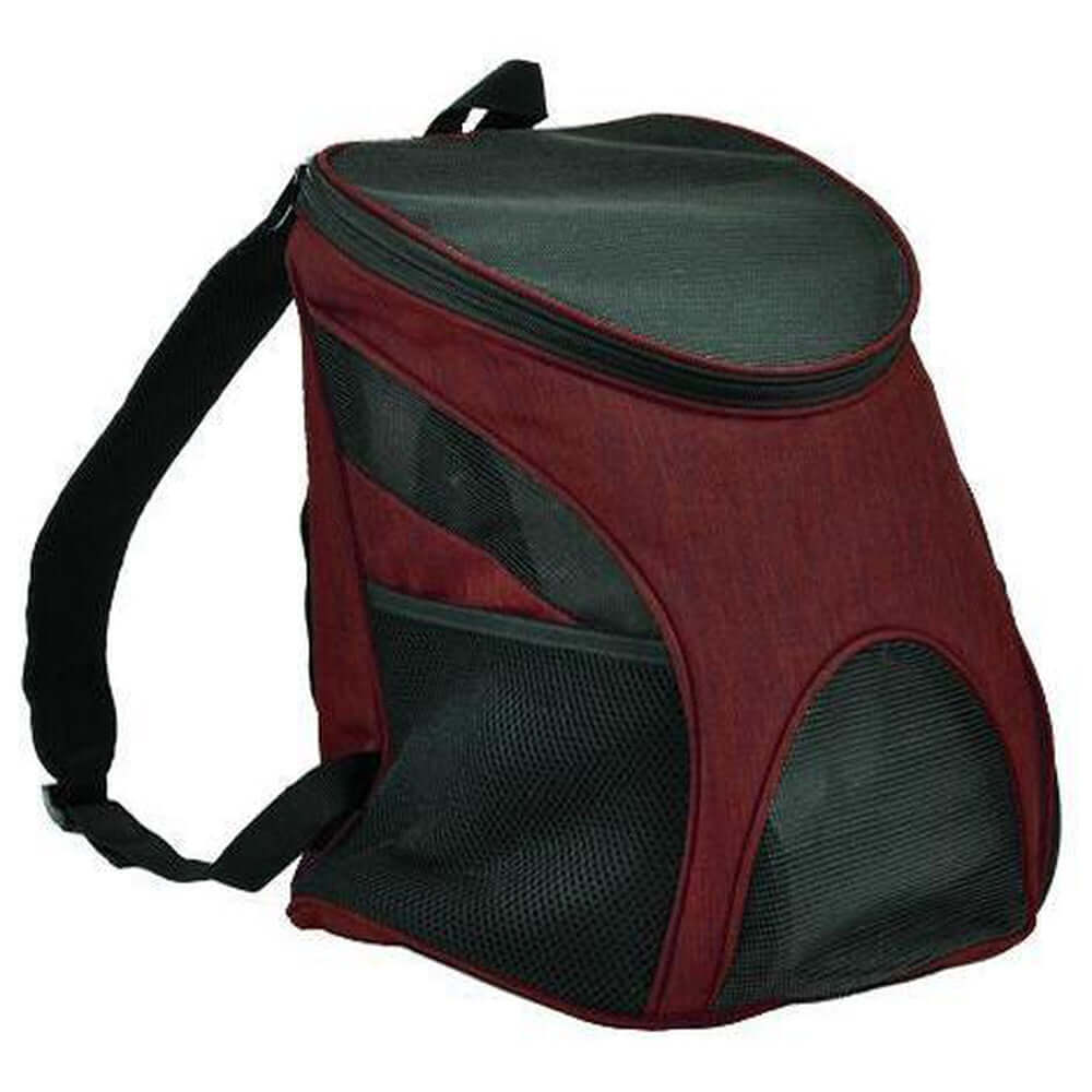 Pet carrier backpack with small dog inside, head sticking out for comfortable and hands-free travel