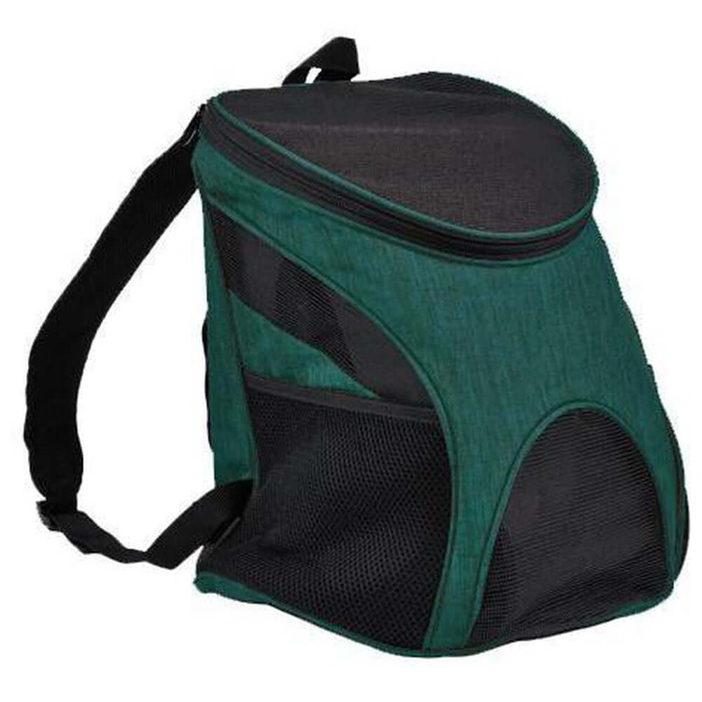Pet carrier backpack with small dog inside, head sticking out for comfortable and hands-free travel