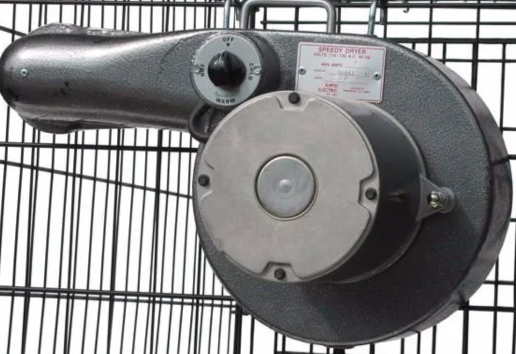 Speedy Dryers V-350X no-heat dog cage dryer with gentle airflow for safe, comfortable drying in pet cages.