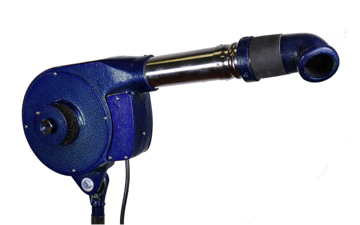 Speedy Dryer Rocket D-15 high-velocity pet dryer with 175 CFM airflow, 3-position heat control, and durable wall arm mount for space-saving grooming in blue