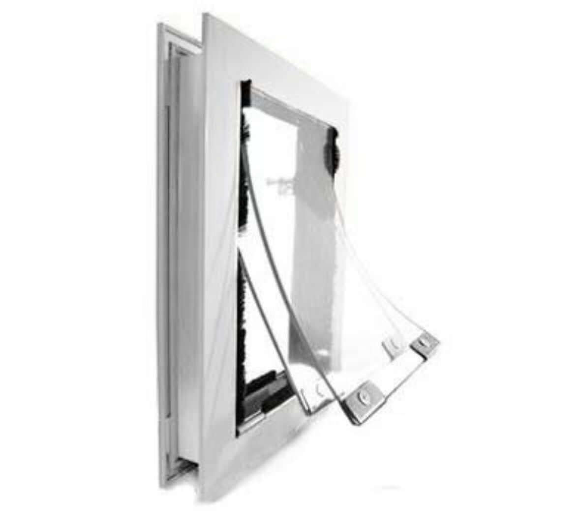 Halie pet door for dogs and cats installed in a standard door, featuring a secure flap and weather-resistant frame for easy pet access