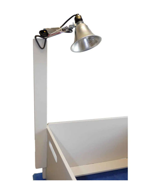 Heating lamp stand designed to securely attach to MagnaBox whelping box for optimal warmth