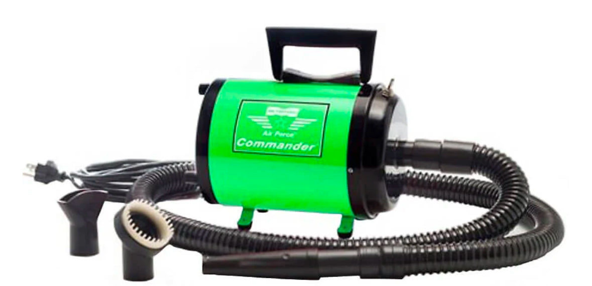 Metrovac Air Force Commander 2-speed pet dryer with 1.17 HP motor, 86 CFM airflow, and all-steel construction for efficient grooming in green