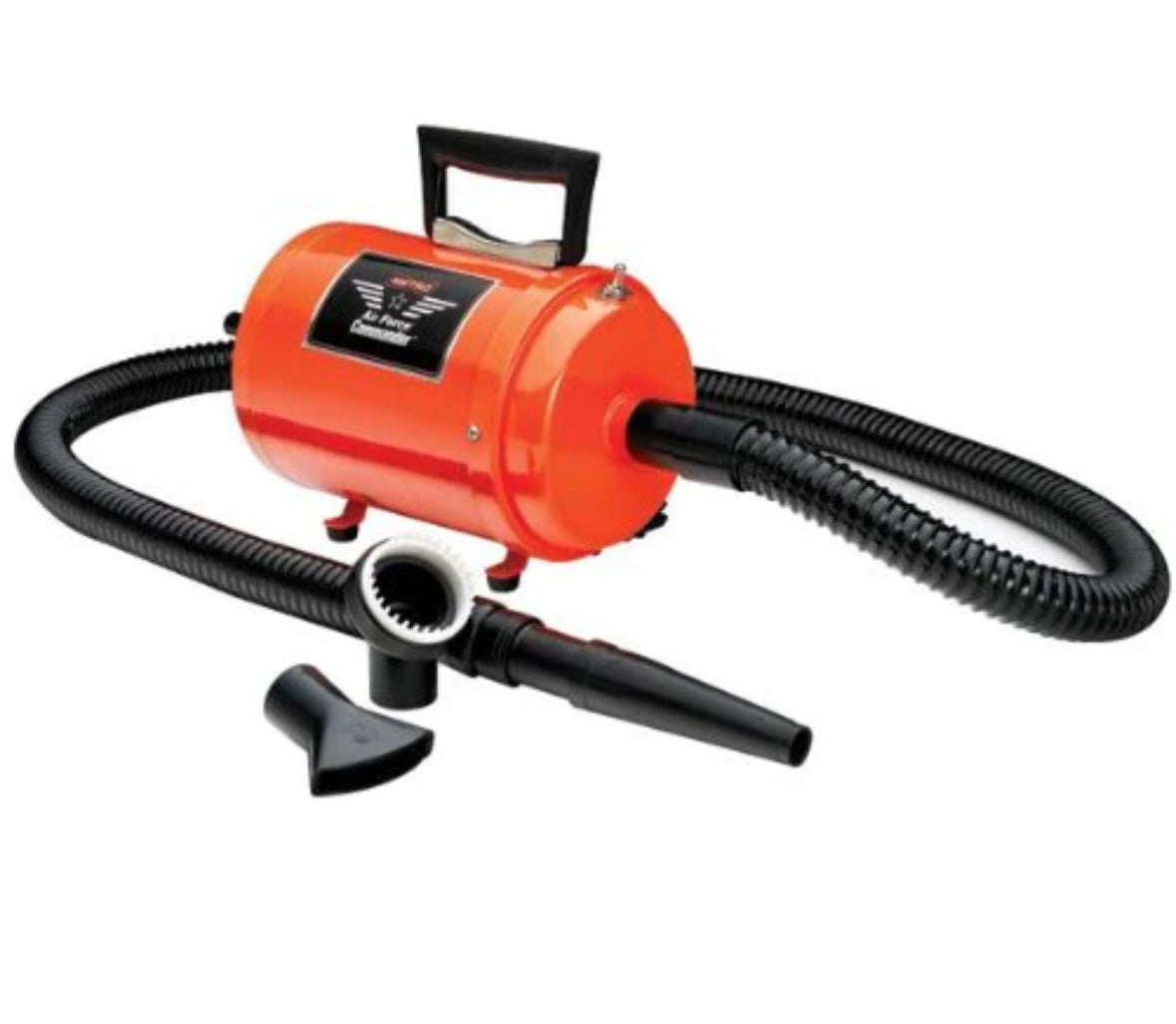 Metrovac Air Force Commander 2-speed pet dryer with 1.17 HP motor, 86 CFM airflow, and all-steel construction for efficient grooming in orange
