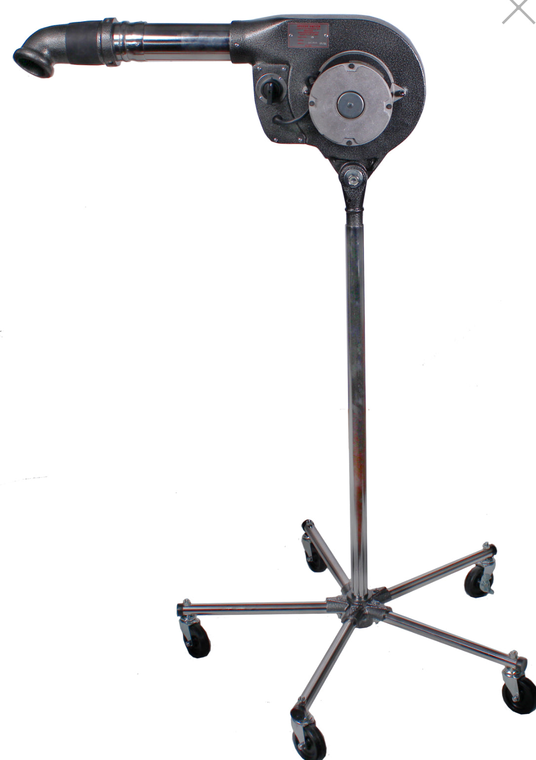 Speedy Dryer V-1000N No Heat stand dryer with adjustable airflow (106–230 CFM), thermally protected 1/7 HP motor, and durable chrome-plated non-tip stand with 3" ball-bearing casters.