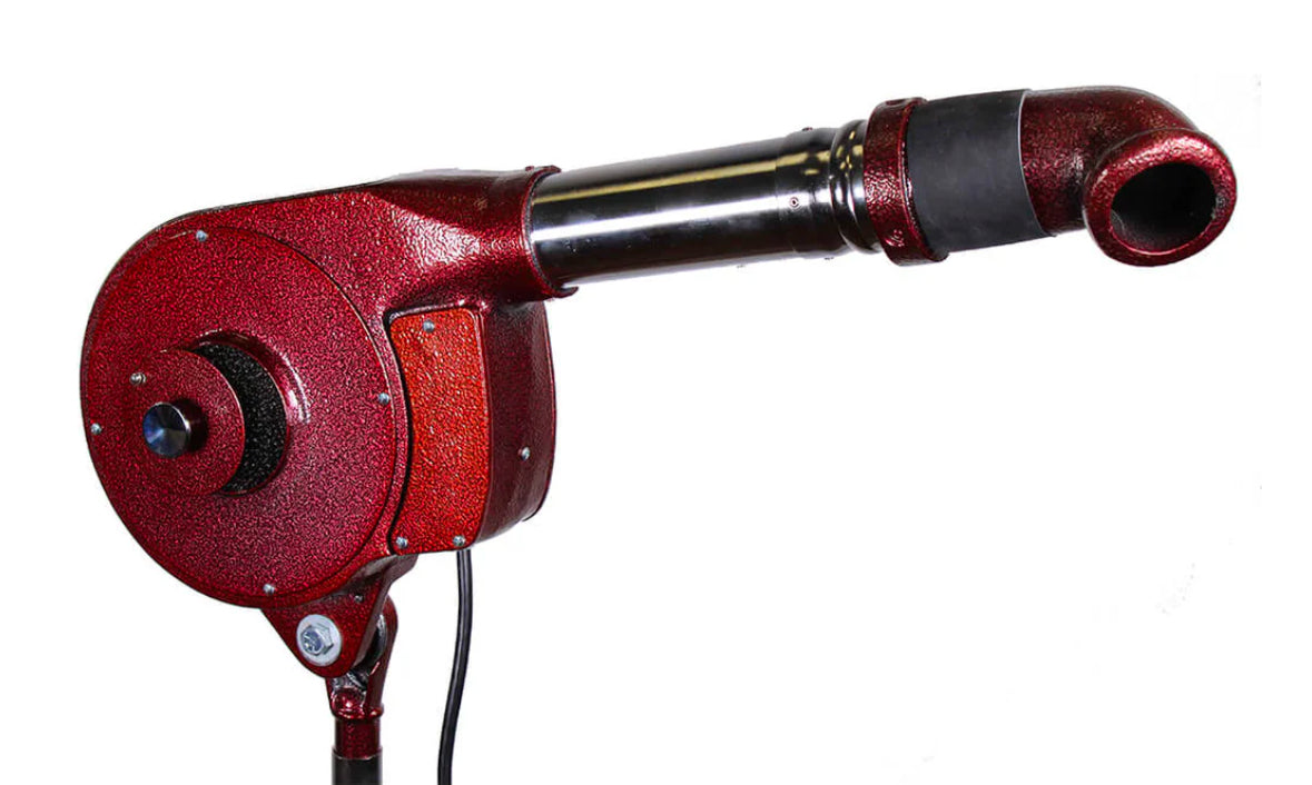 Speedy Dryer Rocket D-15 high-velocity pet dryer with 175 CFM airflow, 3-position heat control, and durable wall arm mount for space-saving grooming in red
