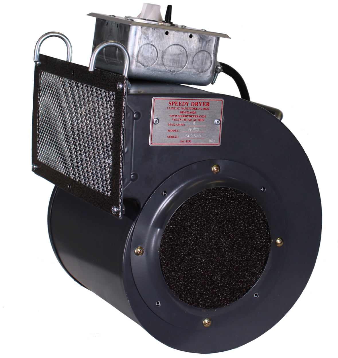 Speedy Dryers M-450N no-heat wide mouth dog cage dryer, providing gentle airflow for safe and efficient drying in larger pet cages.