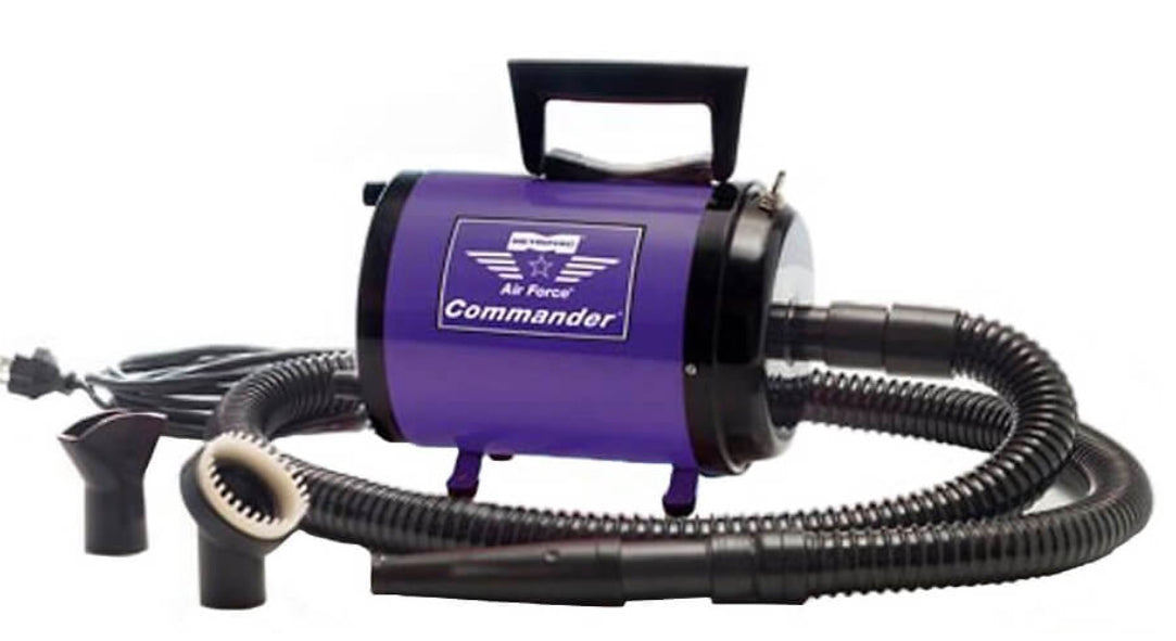 Metrovac Air Force Commander 2-speed pet dryer with 1.17 HP motor, 86 CFM airflow, and all-steel construction for efficient grooming in purple
