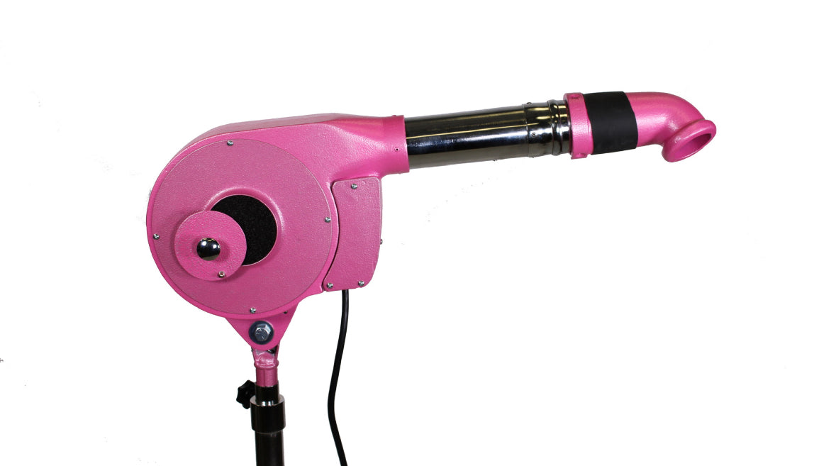 Speedy Dryer V-1000N No Heat stand dryer with adjustable airflow (106–230 CFM), thermally protected 1/7 HP motor, and durable chrome-plated non-tip stand with 3" ball-bearing casters in pink