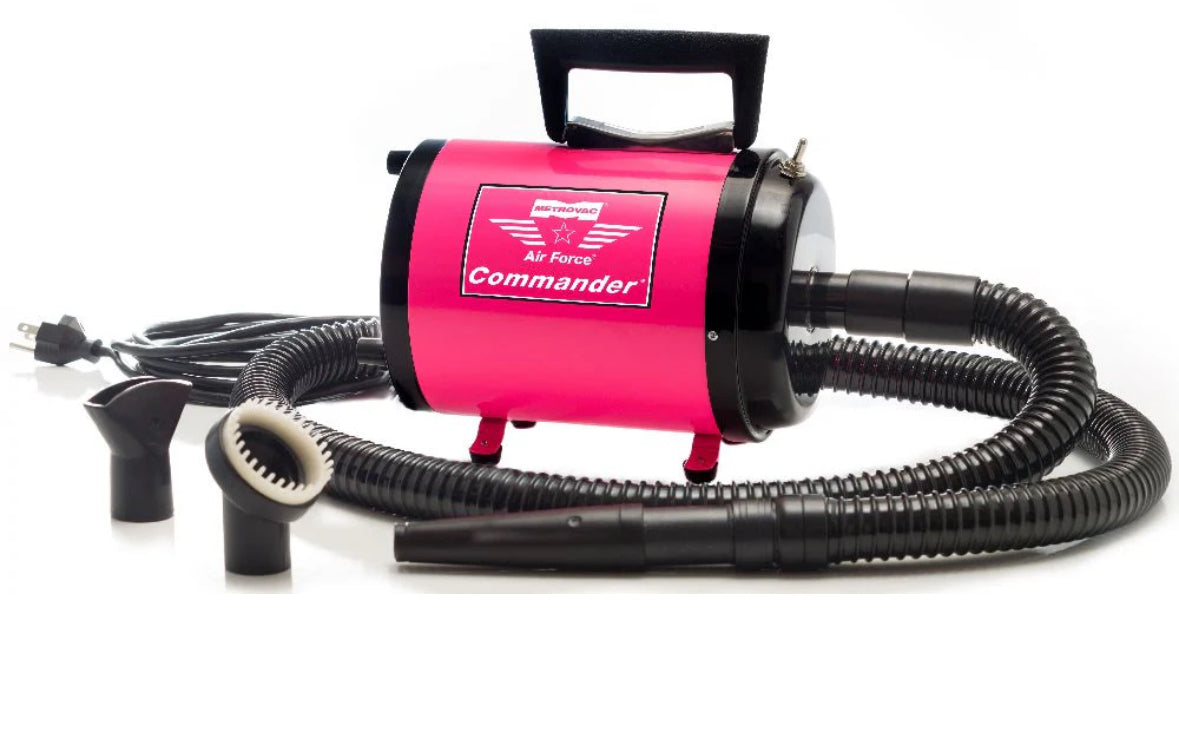 Metrovac Air Force Commander 2-speed pet dryer with 1.17 HP motor, 86 CFM airflow, and all-steel construction for efficient grooming in pink