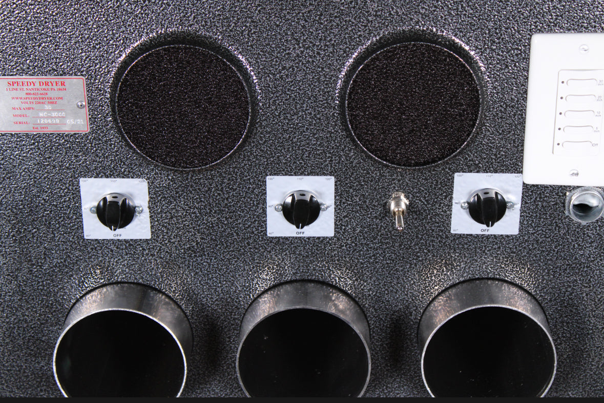 Speedy Dryers MC-3000 multi-dog cage dryer with heat, offering efficient drying for multiple pets with adjustable temperature settings.