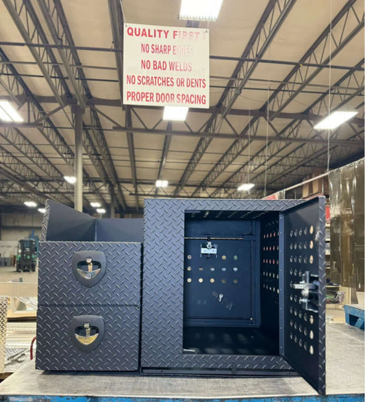Owen's Professional K9 Deployment Unit displayed inside a warehouse, showing secure compartments for working dogs and tactical gear