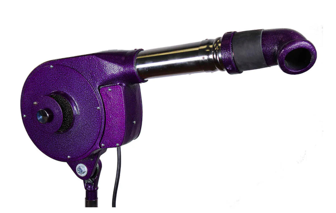 Speedy Dryer Rocket D-15 high-velocity pet dryer with 175 CFM airflow, 3-position heat control, and durable wall arm mount for space-saving grooming in purple
