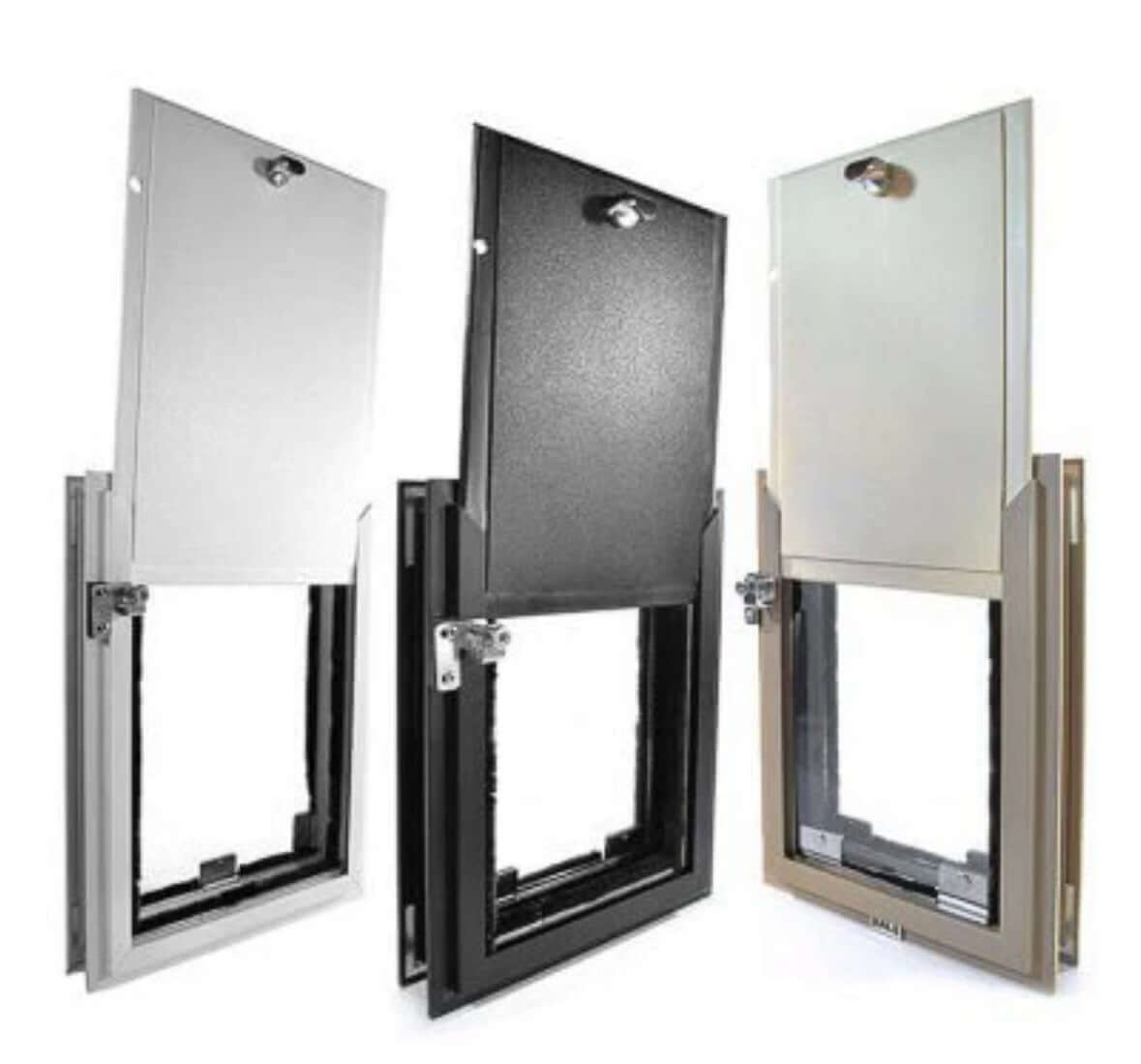 Halie pet door for dogs and cats installed in a standard door, featuring a secure flap and weather-resistant frame for easy pet access