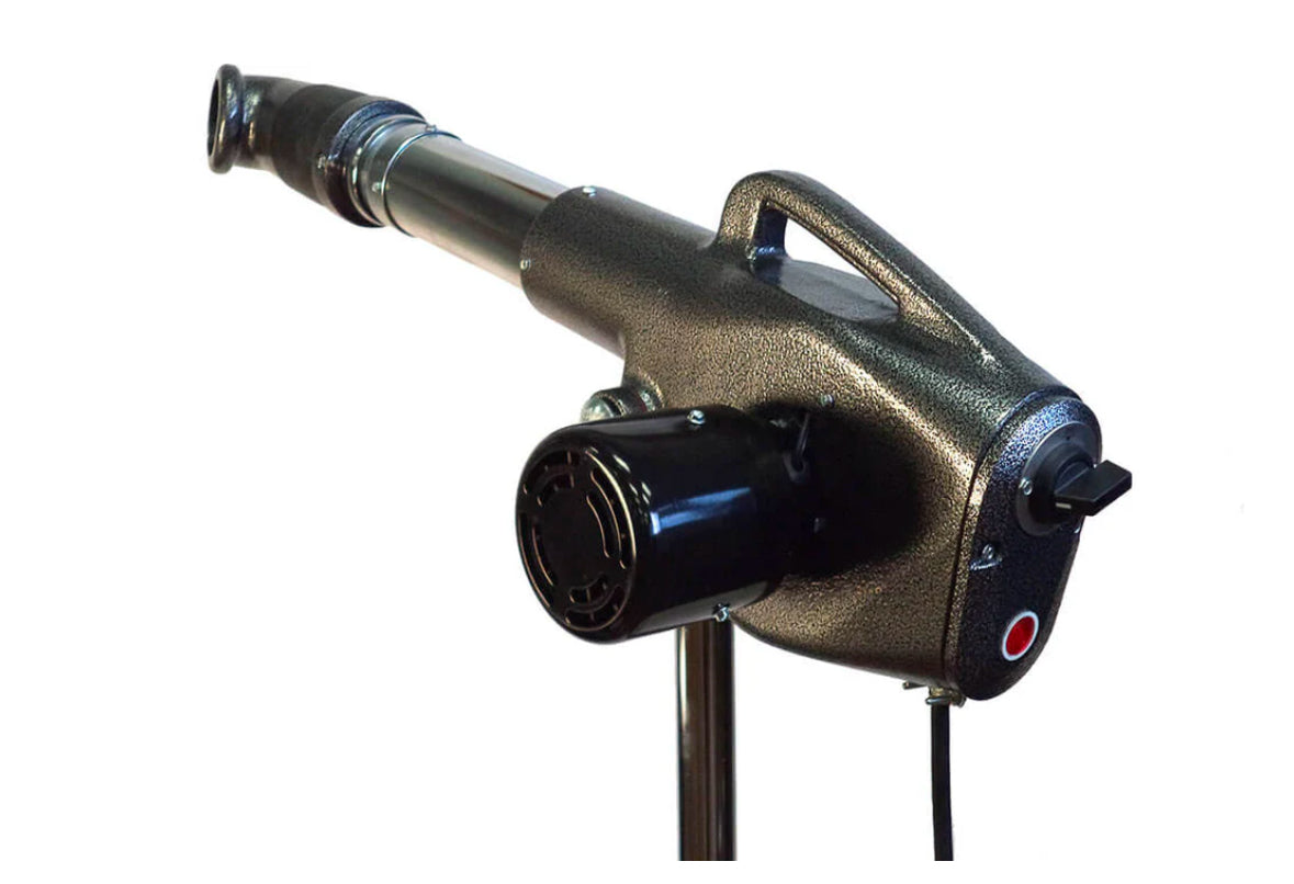 Speedy Dryer Rocket D-15 high-velocity pet dryer with 175 CFM airflow, 3-position heat control, and durable wall arm mount for space-saving grooming.
